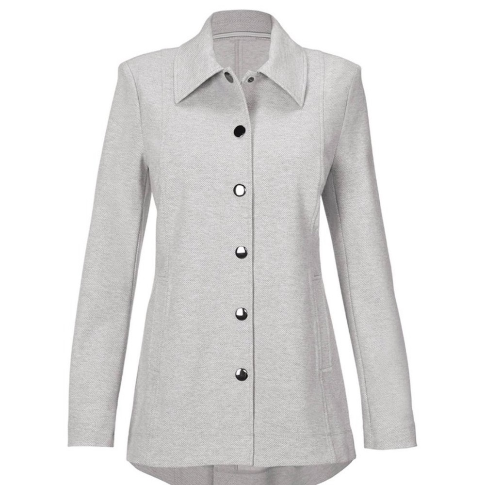NWOT CAbi Calvary Heather Light Gray Twill
Ponte Snap Closure Jacket, M - Picture 3 of 16